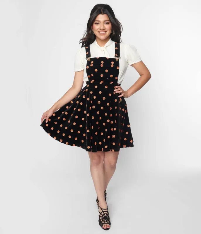 Unique Vintage 1960s Black & Orange Pumpkin Patch Corduroy Brionne Pinafore Skirt sold by Unique Vintage