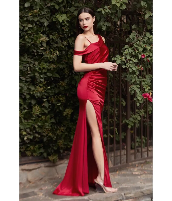 Cinderella Divine  Red Asymmetrical Shoulder Satin Bridesmaid Dress sold by Unique Vintage