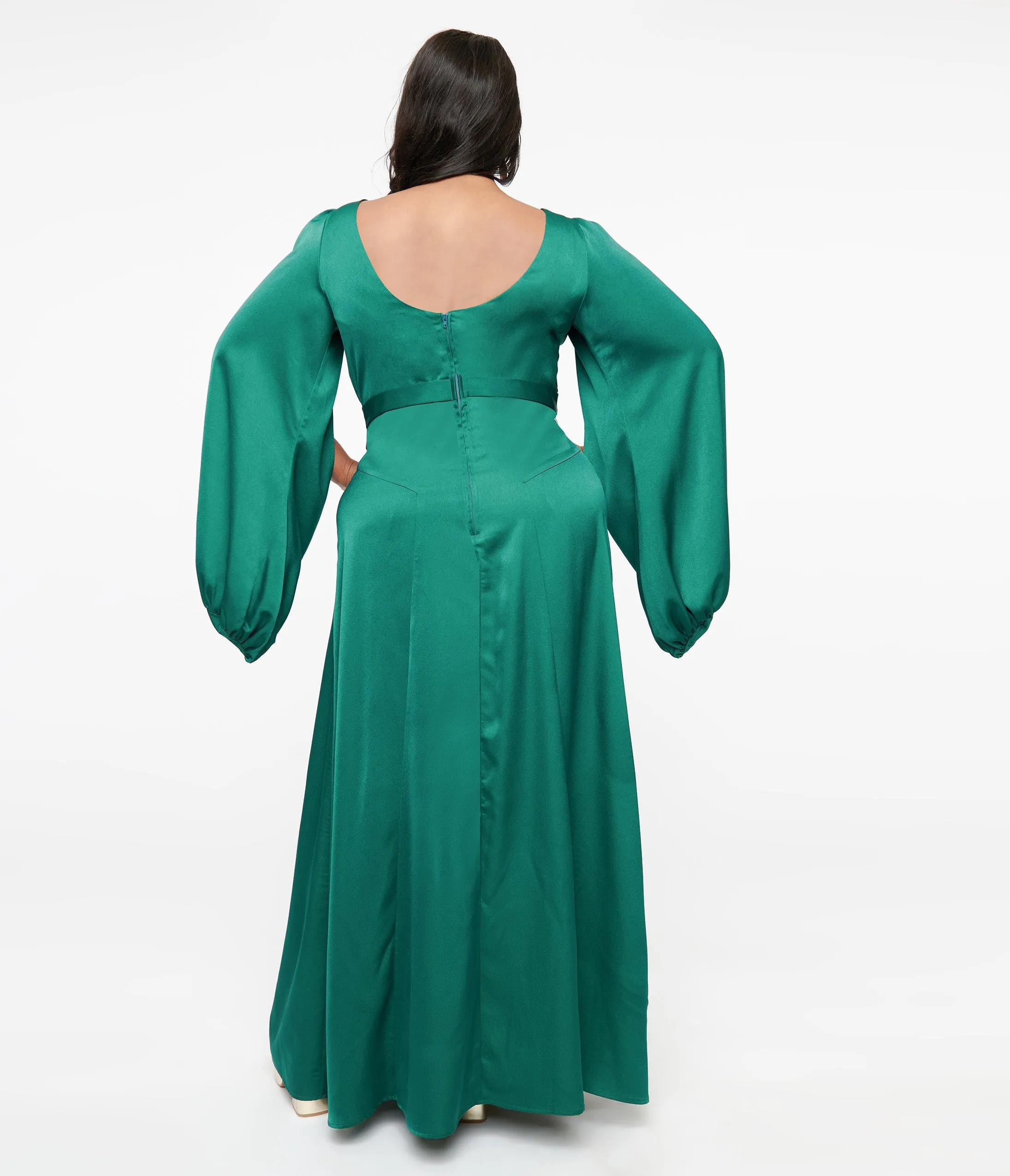 Unique Vintage Plus Size 1920s Emerald Satin & Snake Pin Evening Gown sold by Unique Vintage product image thumbnail 2