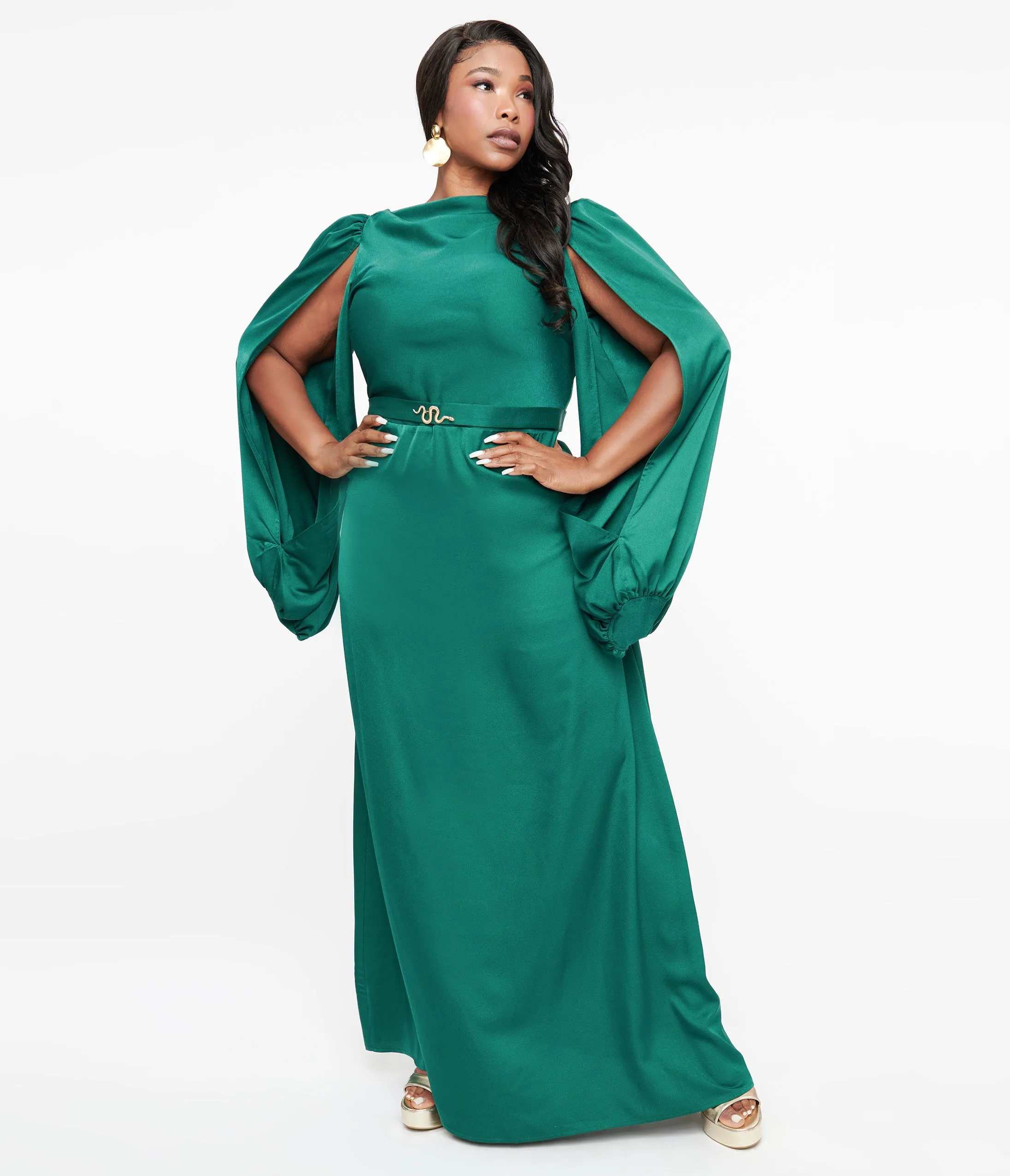 Unique Vintage Plus Size 1920s Emerald Satin & Snake Pin Evening Gown sold by Unique Vintage product image thumbnail 3