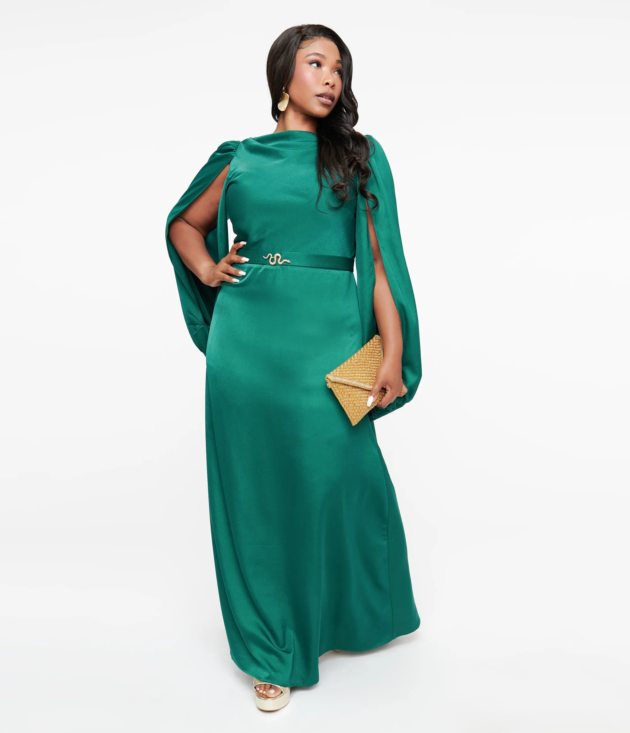 Unique Vintage Plus Size 1920s Emerald Satin & Snake Pin Evening Gown sold by Unique Vintage