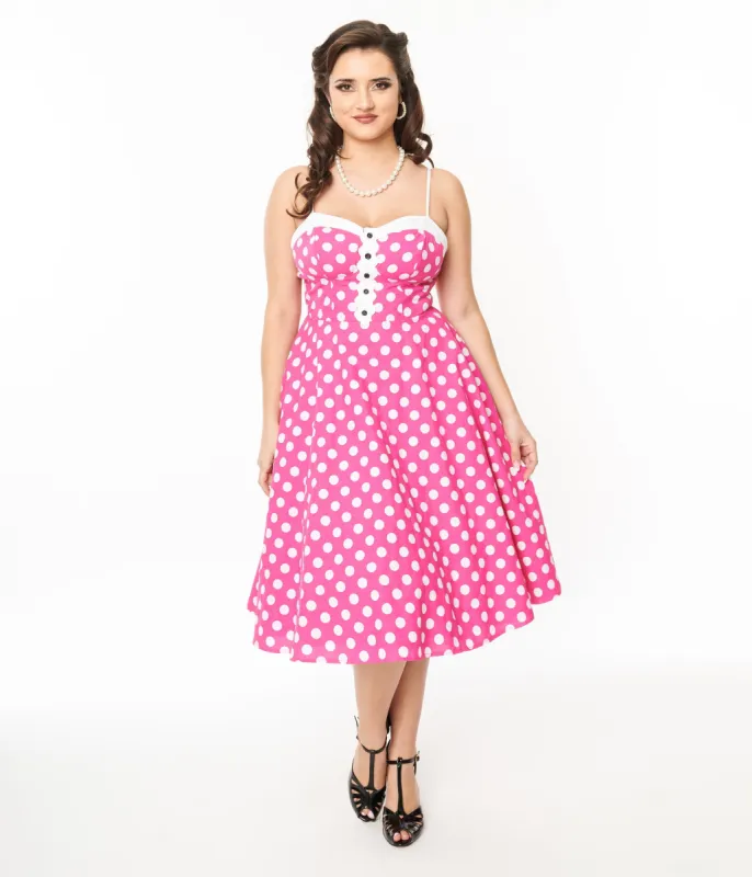 Unique Vintage 1950s Hot Pink & White Polka Dot Cotton Swing Dress sold by Unique Vintage