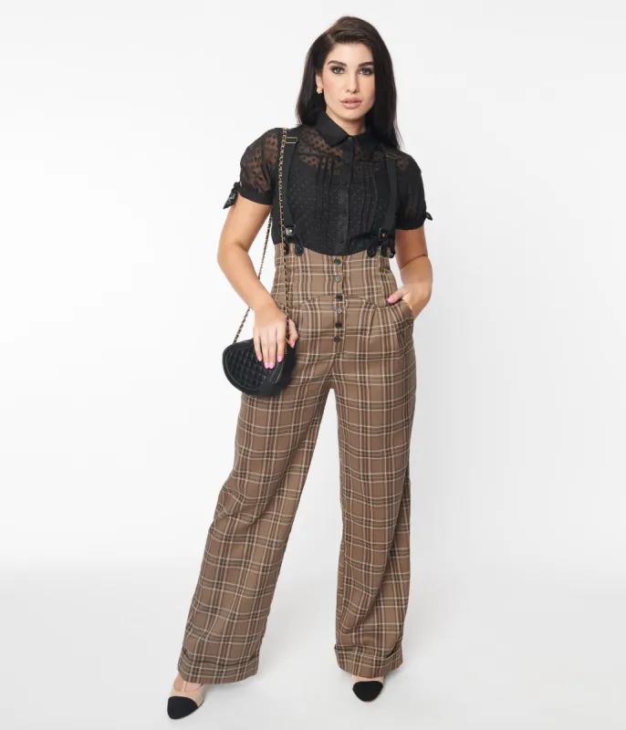 Unique Vintage 1930s Dark Beige Windowpane Thelma Suspender Pants sold by Unique Vintage