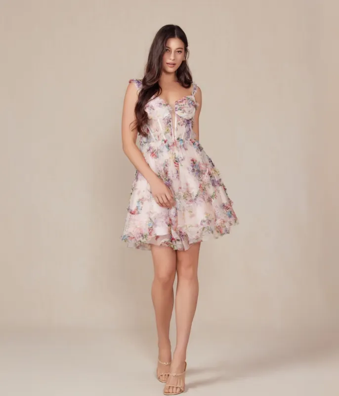 Blush Floral Print A-Line Mini Prom Dress sold by Unique Vintage