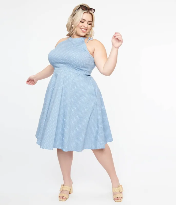 Plus Size 1940s Sky Blue & White Dot Halter Hattie Cotton Swing Dress sold by Unique Vintage