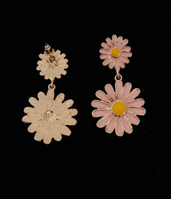 1970s Pink Double Daisy Drop Earrings sold by Unique Vintage