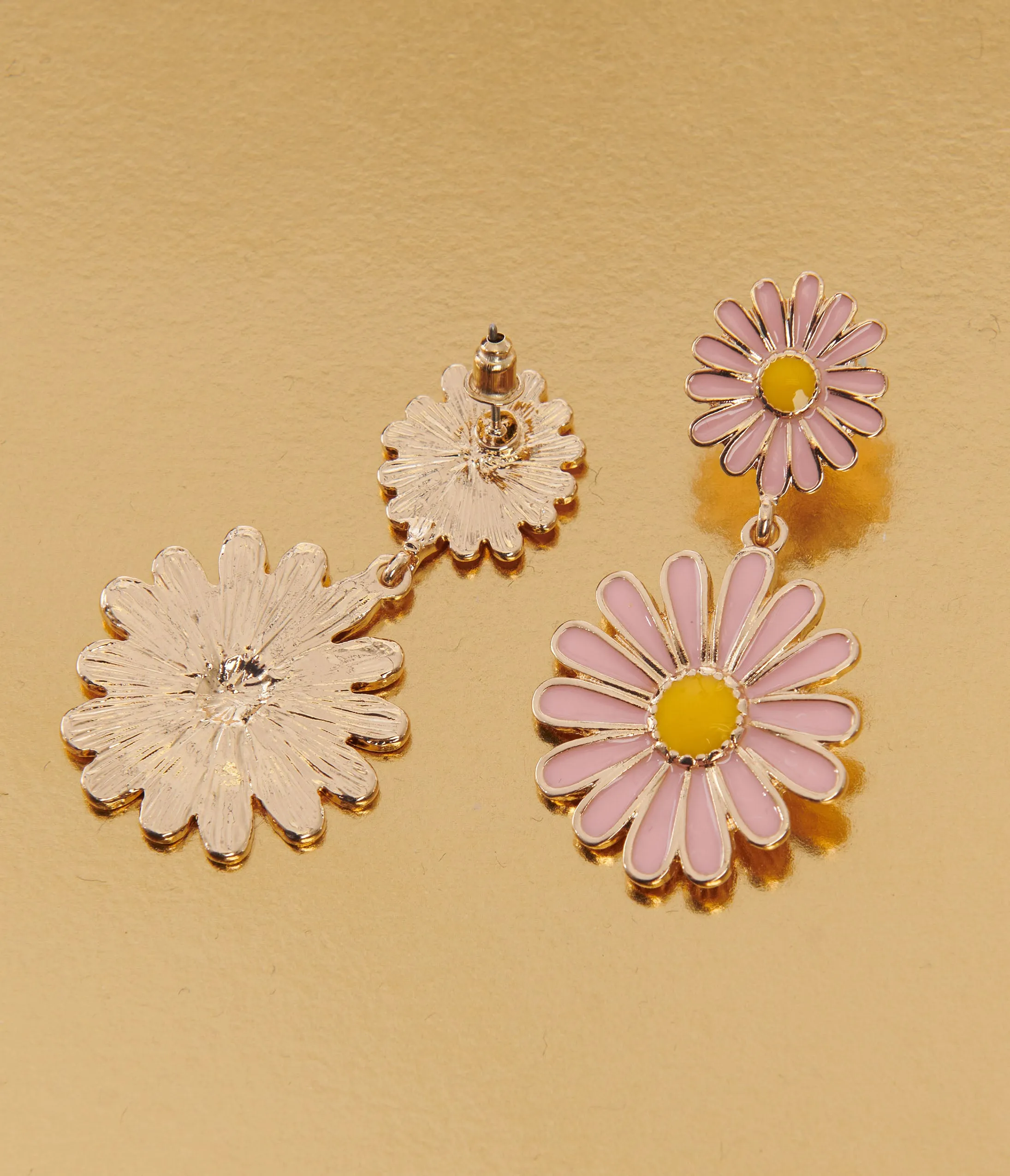 1970s Pink Double Daisy Drop Earrings sold by Unique Vintage product image thumbnail 2