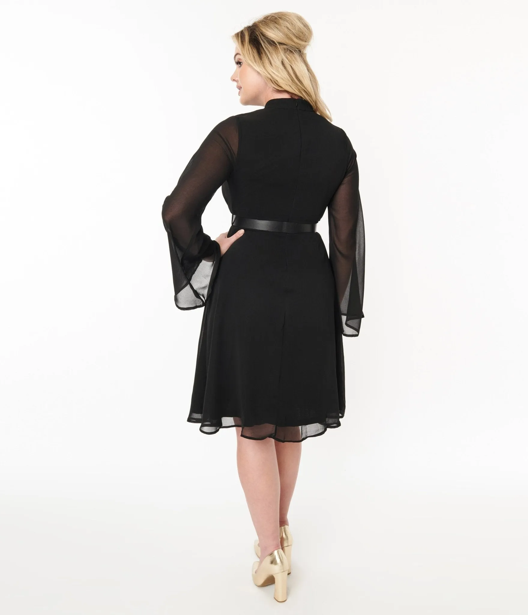 Voodoo Vixen Black Chiffon Belted Flare Dress sold by Unique Vintage product image thumbnail 3