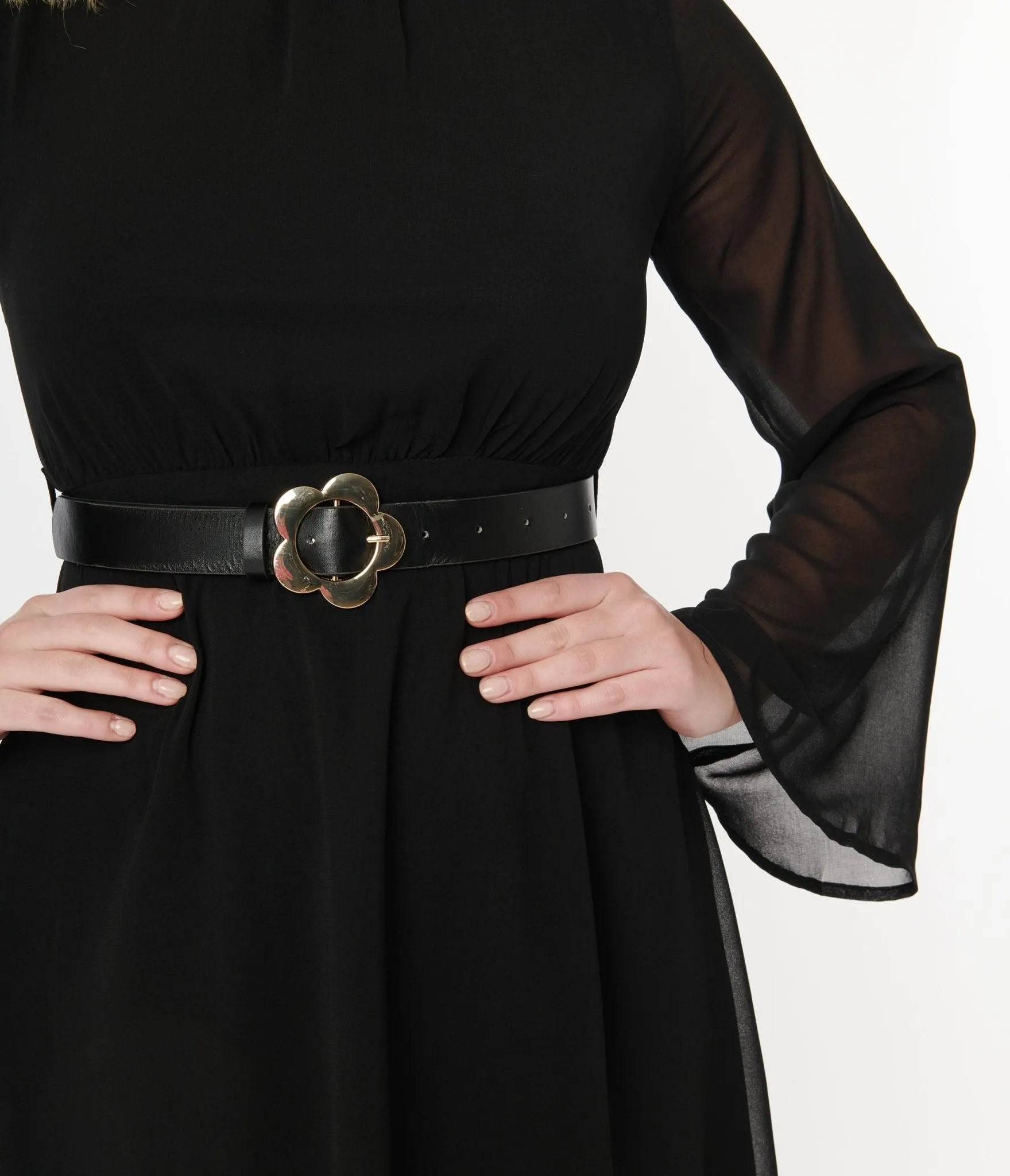 Voodoo Vixen Black Chiffon Belted Flare Dress sold by Unique Vintage product image thumbnail 2