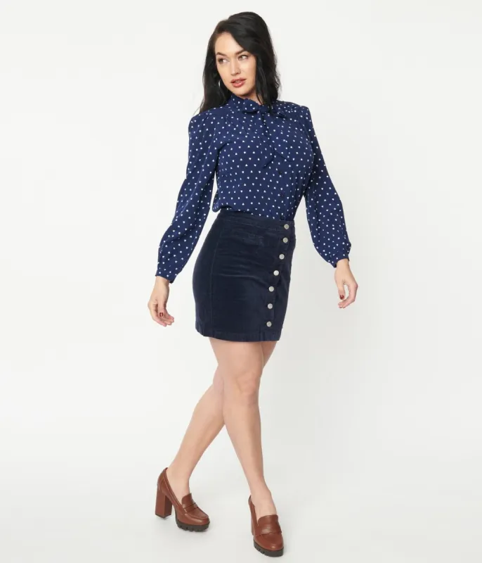 Navy Corduroy Button Up Mini Skirt sold by Unique Vintage