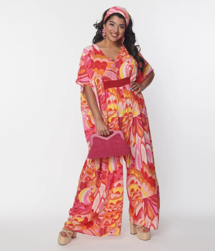 Unique Vintage 1970s Pink & Orange Psychedelic Print Caftan Jumpsuit sold by Unique Vintage