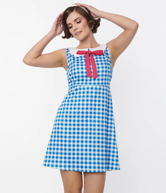 Smak Parlour Blue & White Gingham Bow Shift Dress sold by Unique Vintage