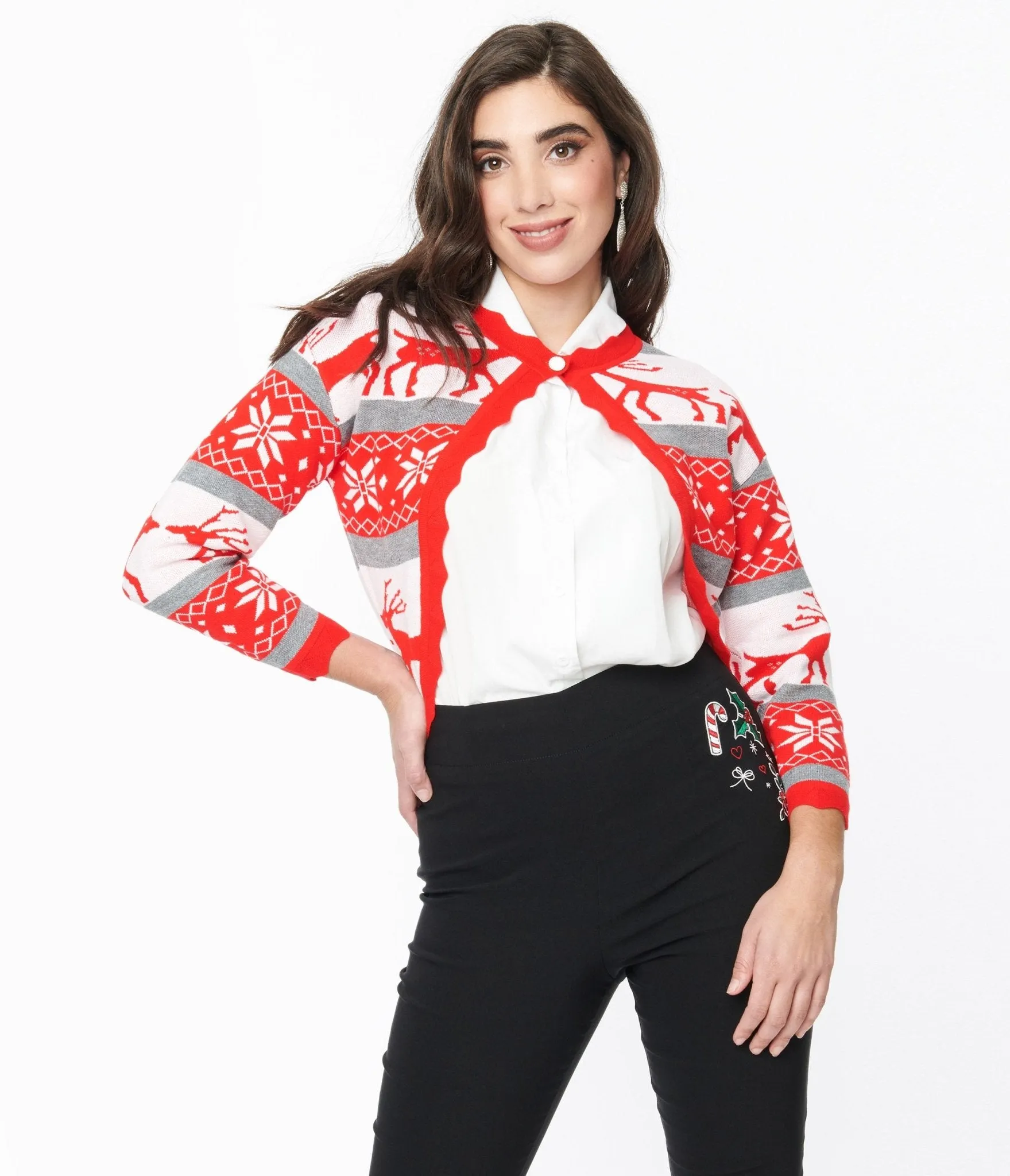 Red & White Holiday Print Shrug Cardigan sold by Unique Vintage product image thumbnail 2