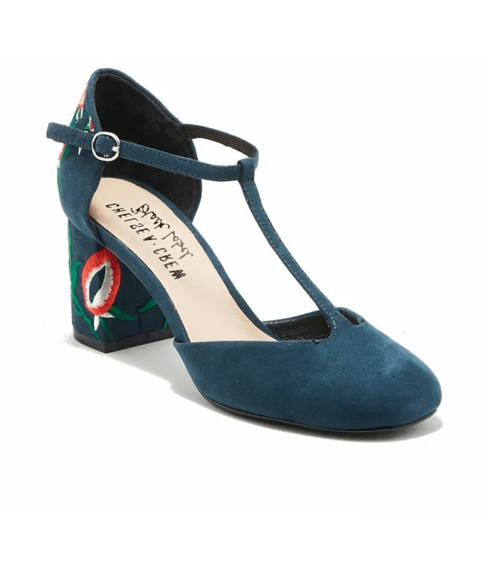 Chelsea Crew 1920s Navy T-Strap Embroidered Frenchie Heels sold by Unique Vintage