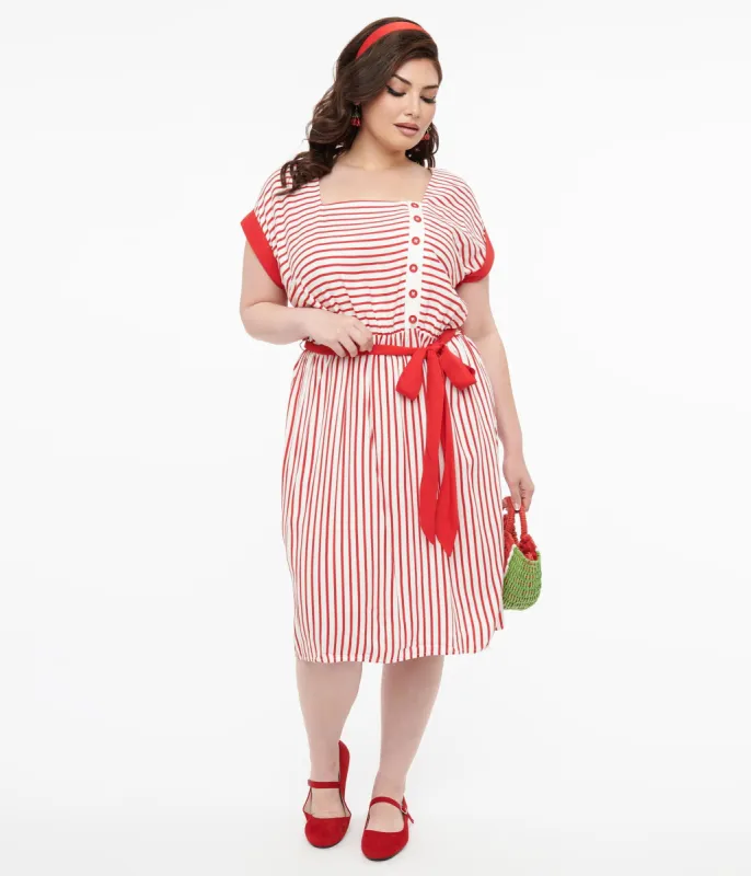 Hell Bunny Plus Size 1940s Red & White Stripe Ahoy Dress sold by Unique Vintage