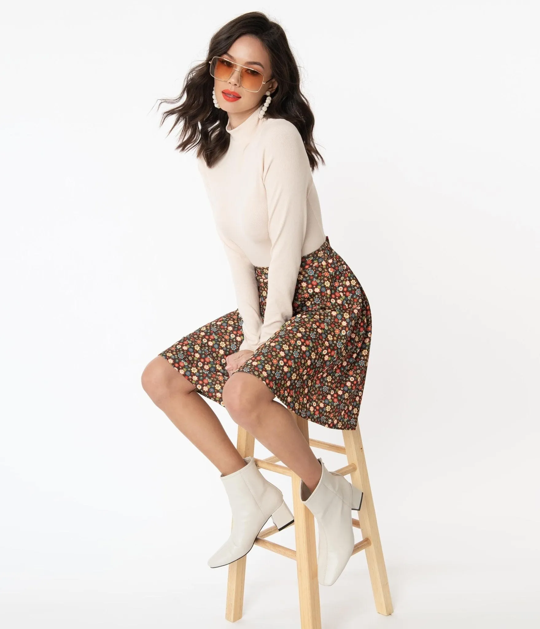 Smak Parlour Brown & Multicolor Floral Sweet Talk Flare Skirt sold by Unique Vintage