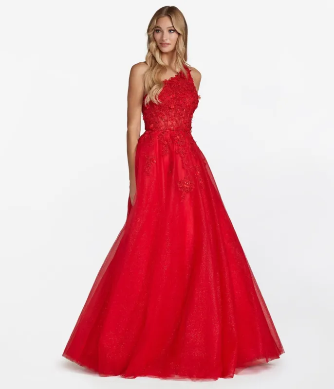 Red Floral Coset & Glitter Tulle Prom Ball Gown sold by Unique Vintage