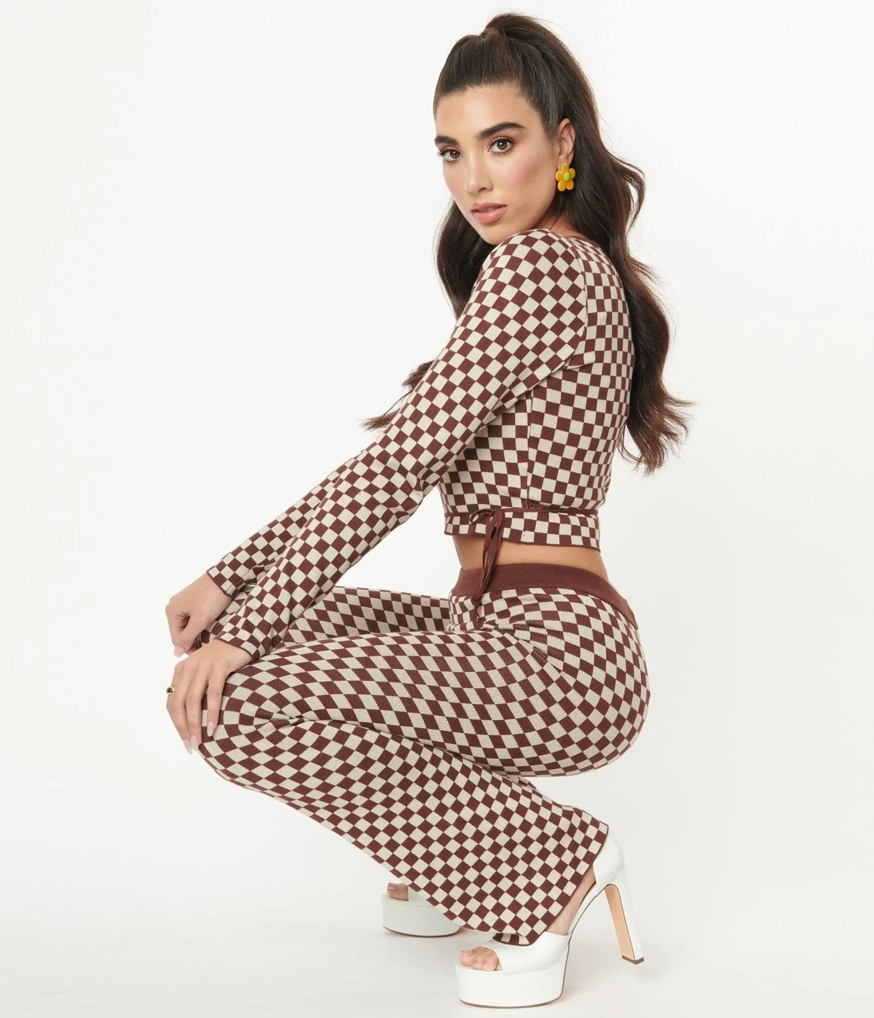 1970s Brown Check Sweater Flare Pants sold by Unique Vintage product image thumbnail 4