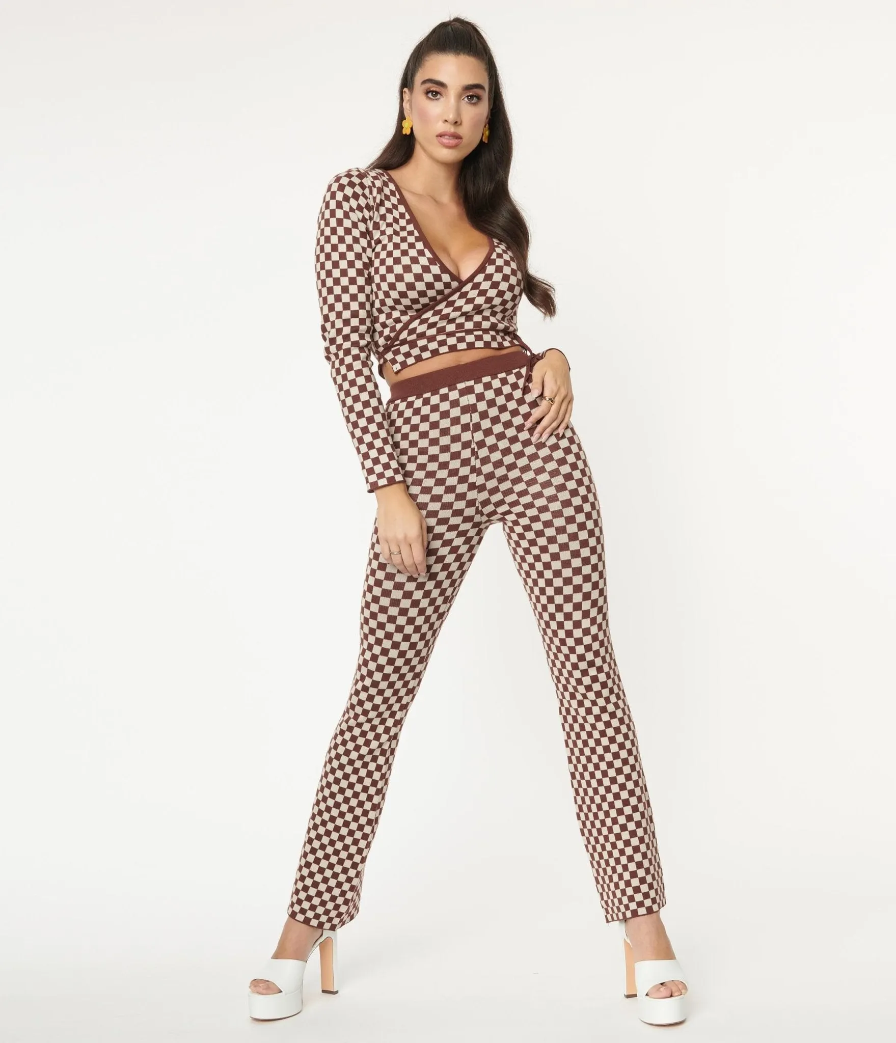 1970s Brown Check Sweater Flare Pants sold by Unique Vintage