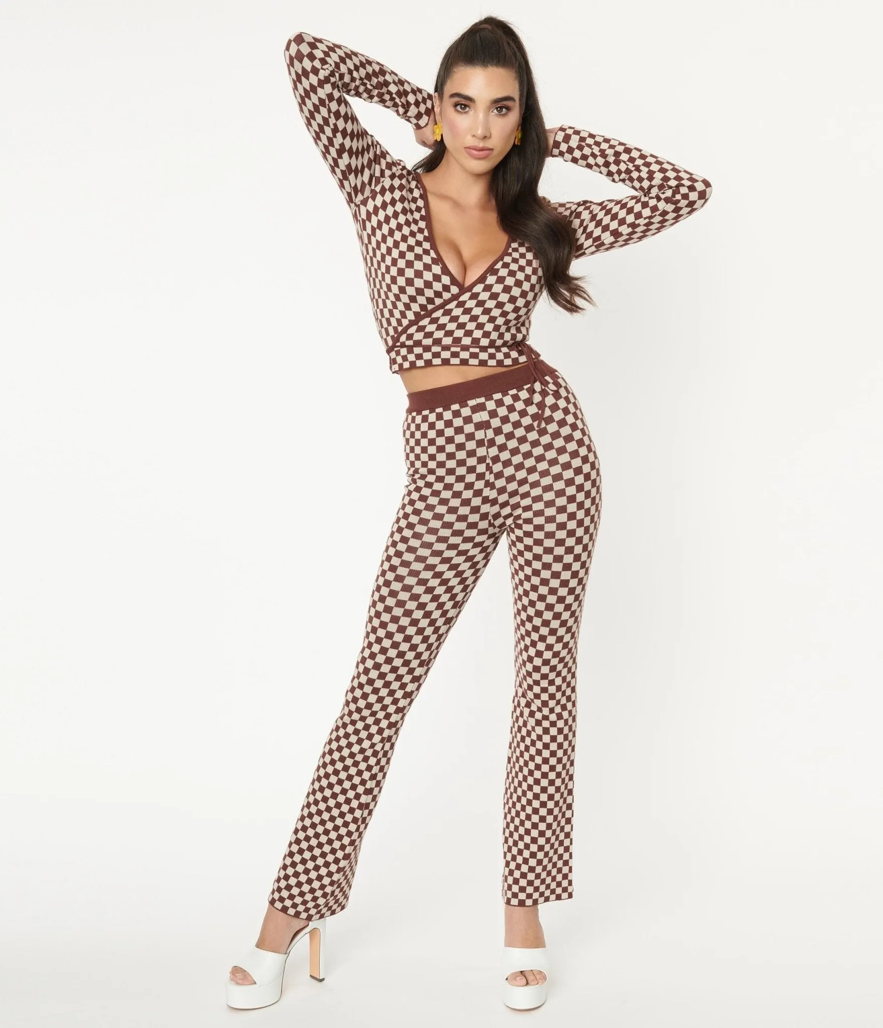 1970s Brown Check Sweater Flare Pants sold by Unique Vintage product image thumbnail 5