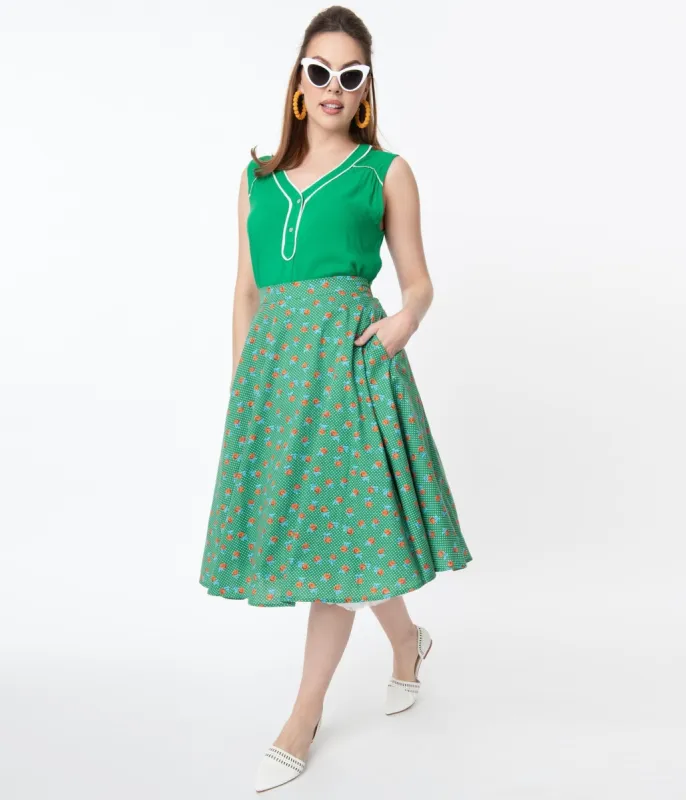 Vintage Style Green Dotted & Red Floral Swing Skirt sold by Unique Vintage