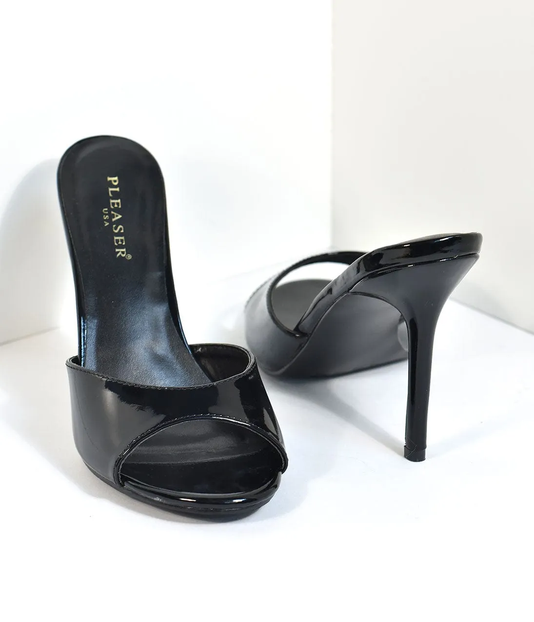Black Patent Leatherette Peep Toe Slip On Heels sold by Unique Vintage product image thumbnail 4