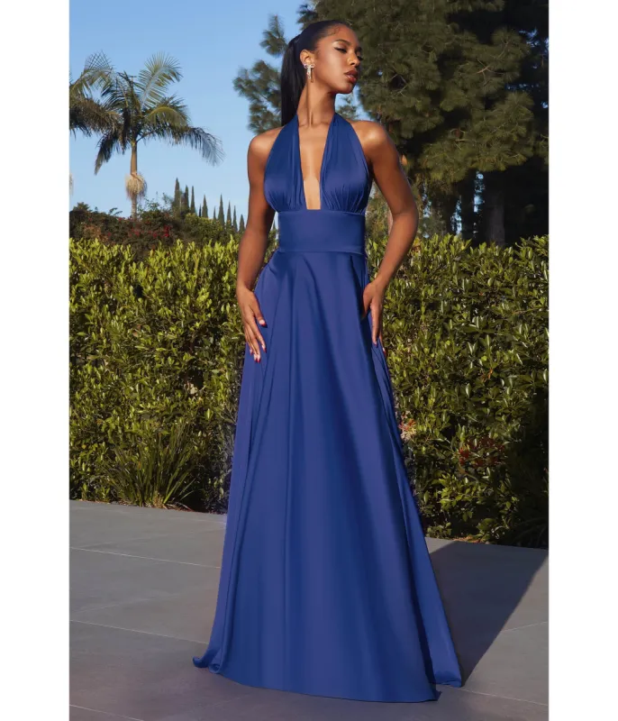 Cinderella Divine Royal Blue Satin Convertible Halter Evening Gown sold by Unique Vintage