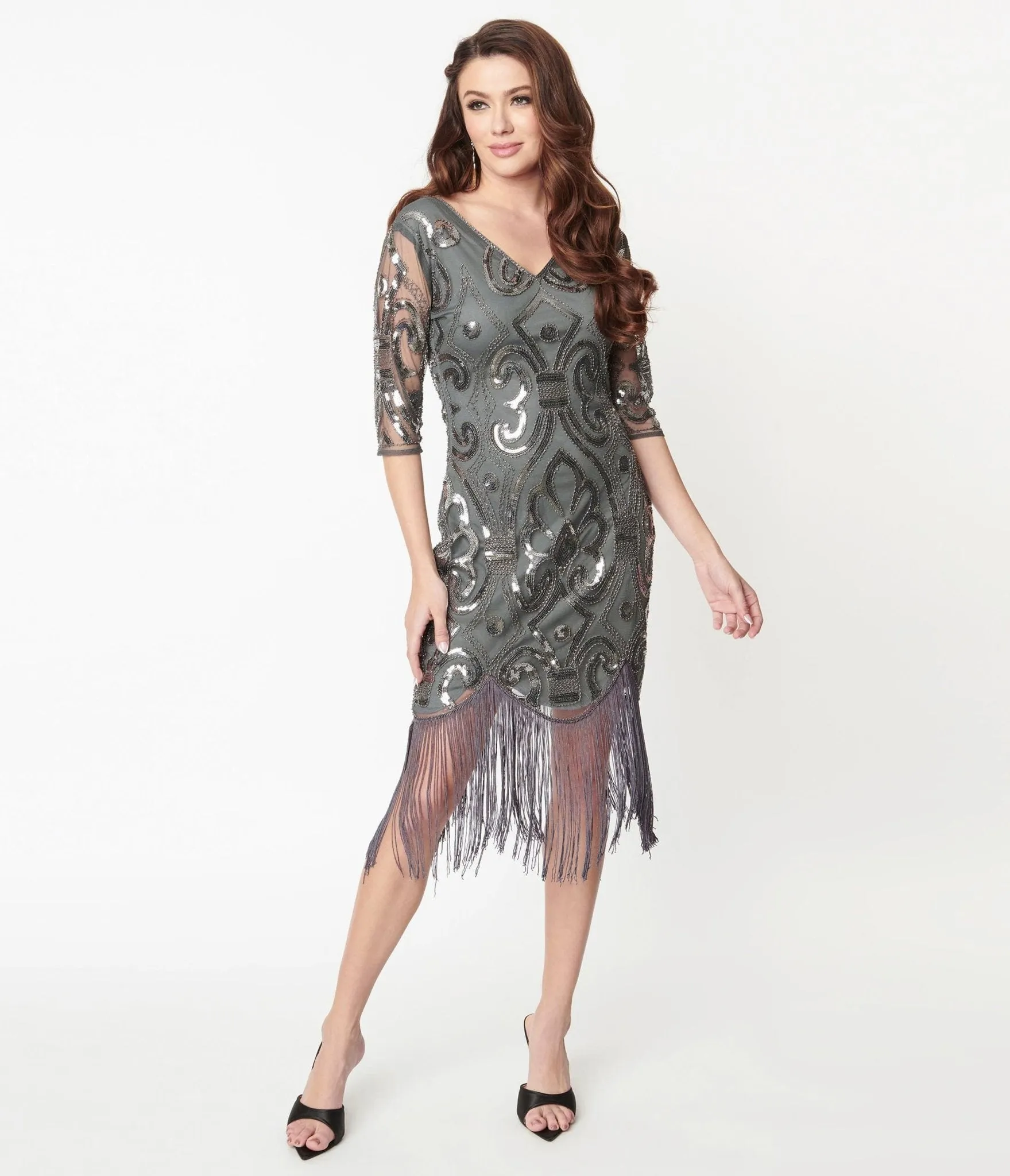 Unique Vintage 1920s Grey & Silver Beaded Lynette Flapper Dress sold by Unique Vintage