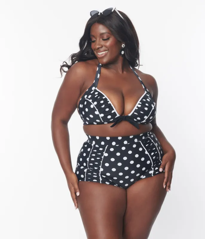 Unique Vintage Plus Size Black & White Polka Dot Ruched Swim Bottom sold by Unique Vintage