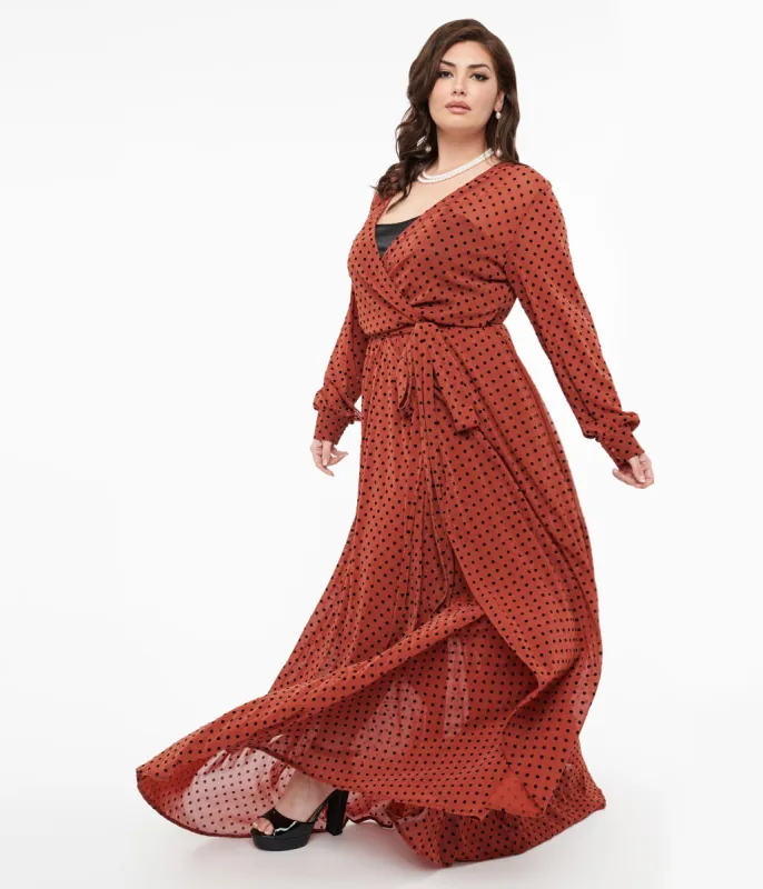 Unique Vintage Plus Size 1970s Rust & Black Polka Dot Farrah Maxi Dress made by Unique Vintage