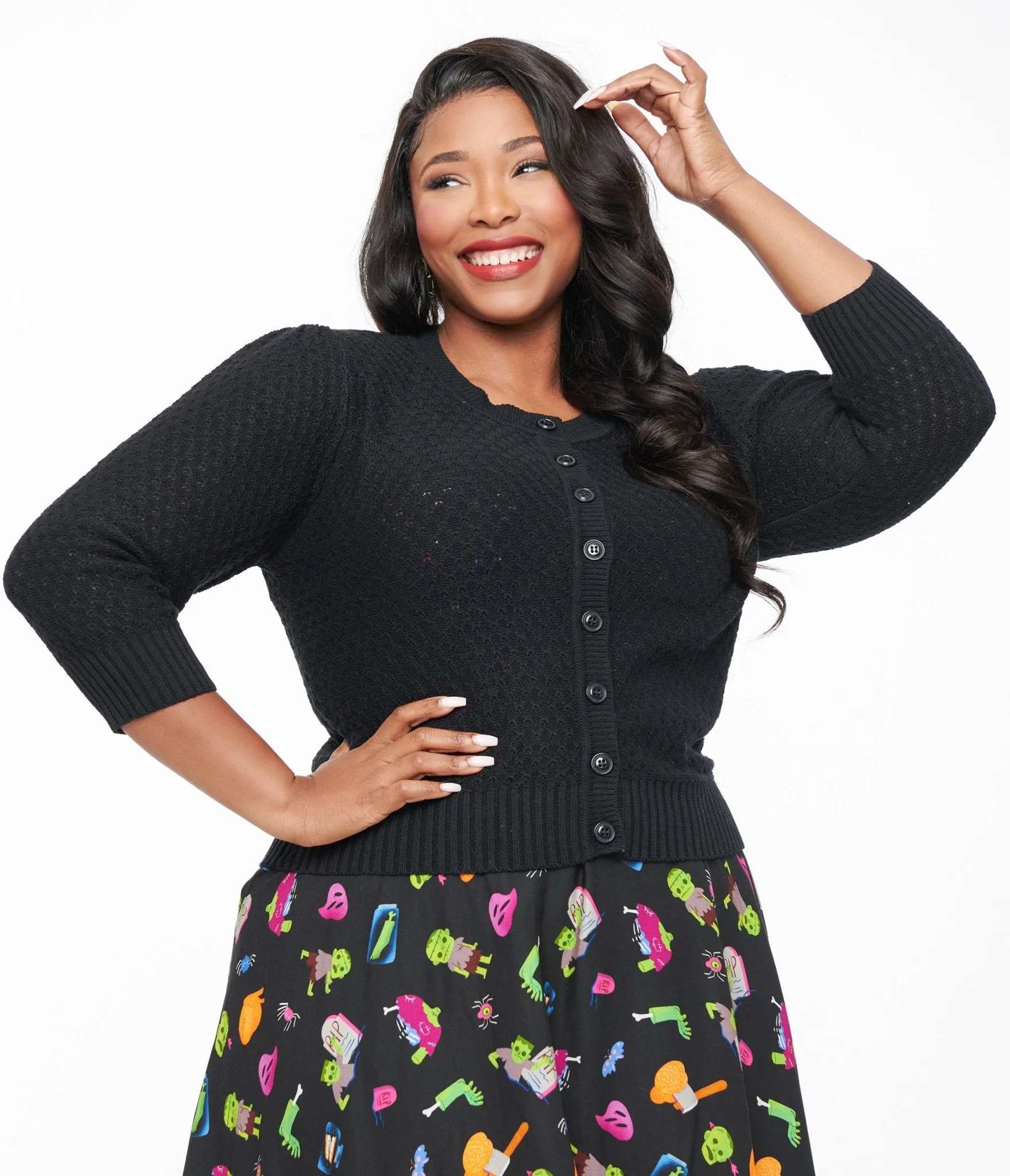 Plus Size Retro Style Black Cotton Crochet Sleeved Button Cardigan sold by Unique Vintage product image thumbnail 3