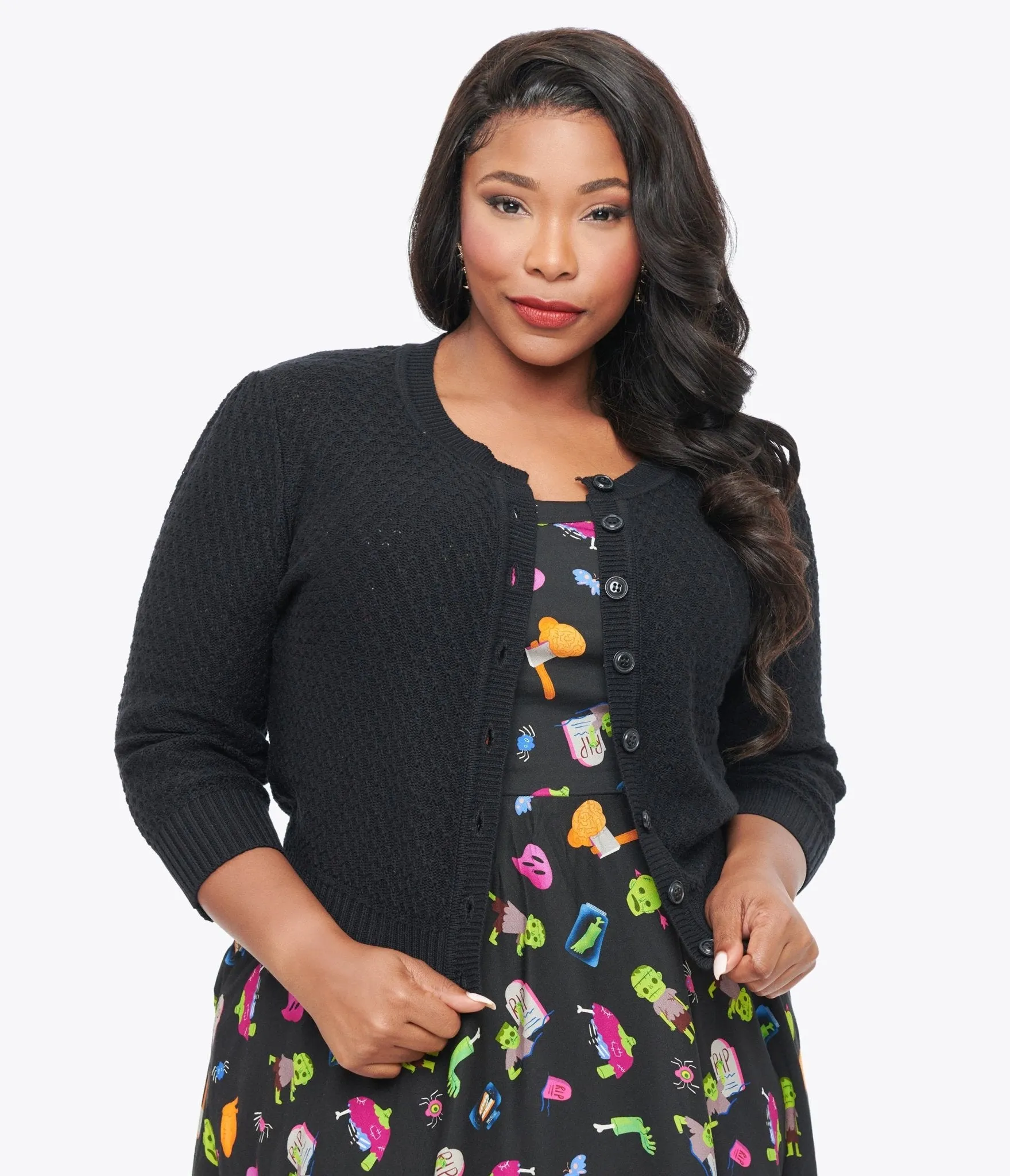 Plus Size Retro Style Black Cotton Crochet Sleeved Button Cardigan sold by Unique Vintage