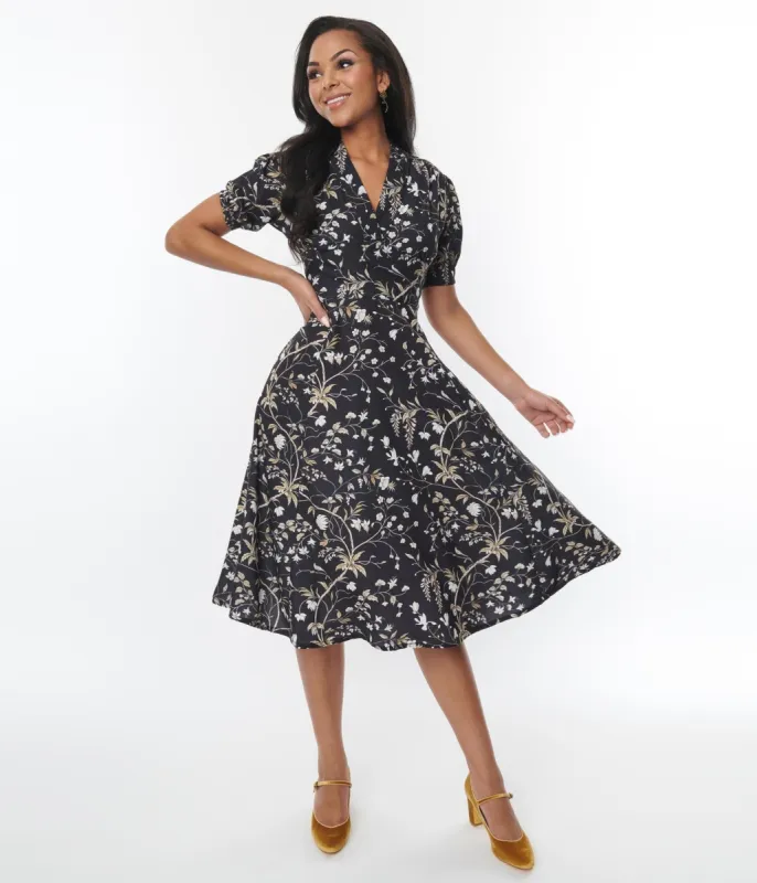 Black Floral Leaf Tia Dress sold by Unique Vintage