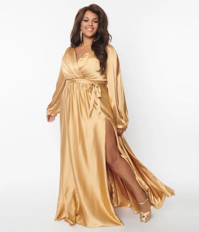 Plus Size Gold Satin Long Sleeve Goddess Gown made by Unique Vintage