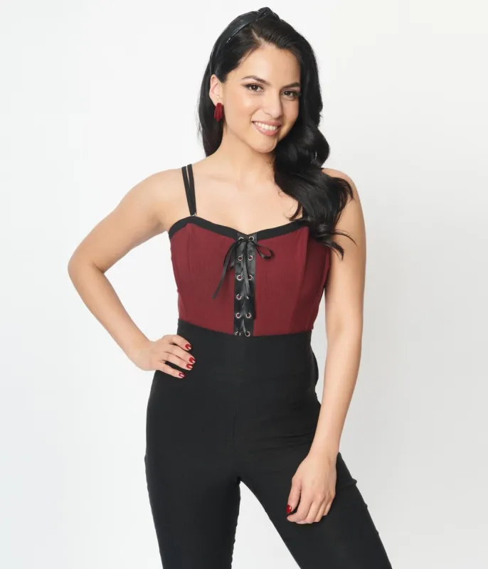 Unique Vintage Burgundy & Black Corset Top sold by Unique Vintage
