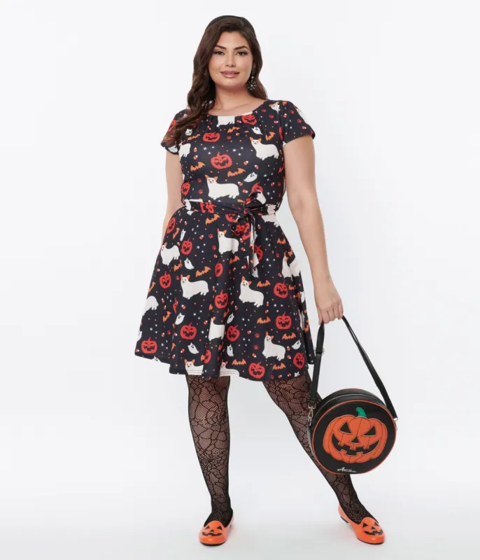 Black & Spooky Ghost Dog Flare Dress sold by Unique Vintage