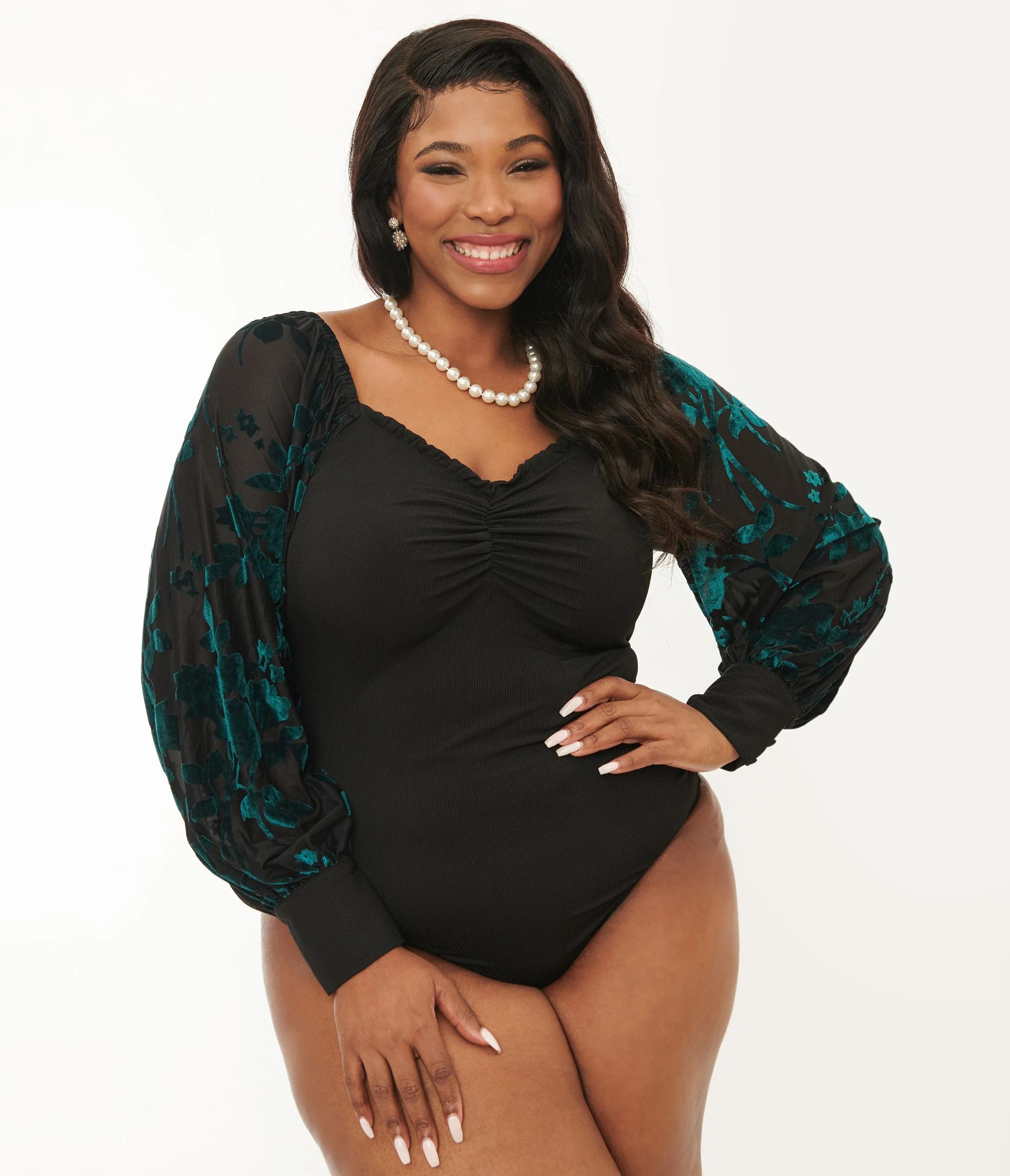 Unique Vintage Plus Size Teal & Black Floral Velvet Burnout Bodysuit sold by Unique Vintage product image thumbnail 3