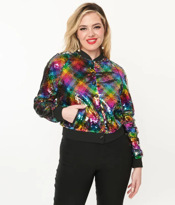 Unique Vintage Rainbow Sequin Satin Bomber Jacket sold by Unique Vintage