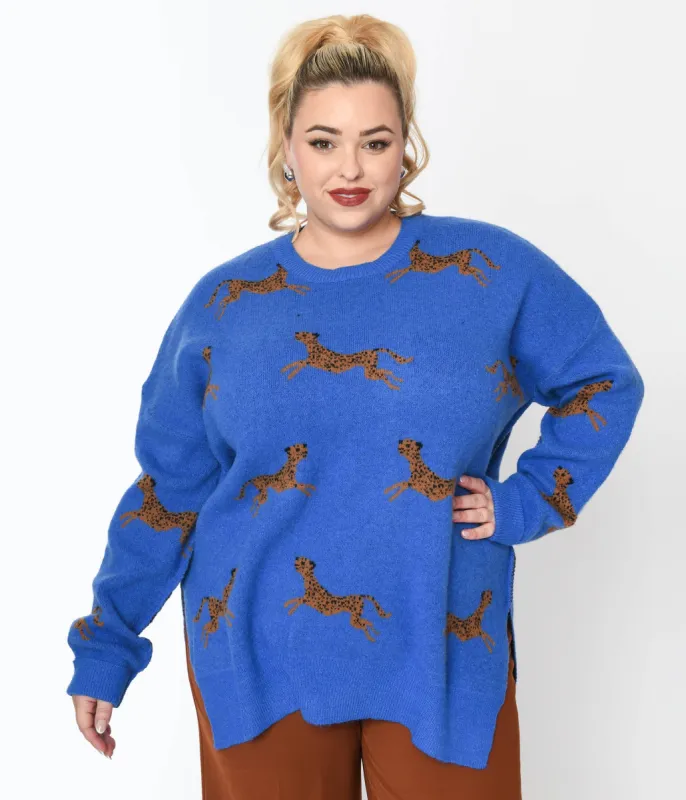 Royal Blue & Cheetah Oversize Sweater made by Unique Vintage