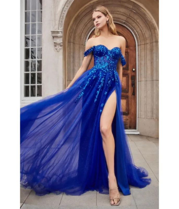 Cinderella Divine  Royal Blue Sequin Applique Off The Shoulder Tulle Evening Gown sold by Unique Vintage