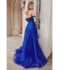 Cinderella Divine  Royal Blue Sequin Applique Off The Shoulder Tulle Evening Gown sold by Unique Vintage