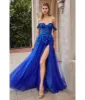 Cinderella Divine  Royal Blue Sequin Applique Off The Shoulder Tulle Evening Gown sold by Unique Vintage