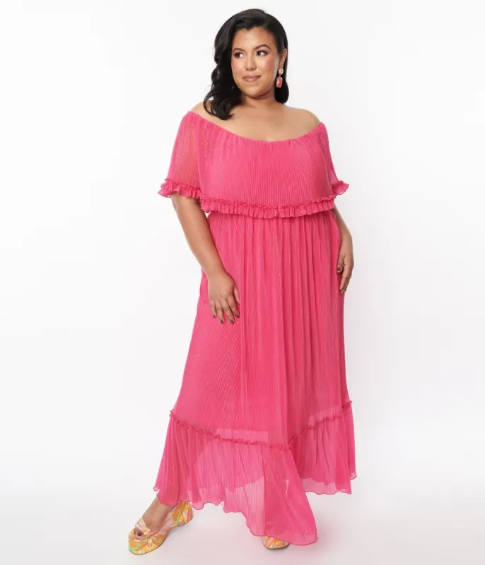 1970s Fuchsia Pleated Chiffon Maxi Dress sold by Unique Vintage