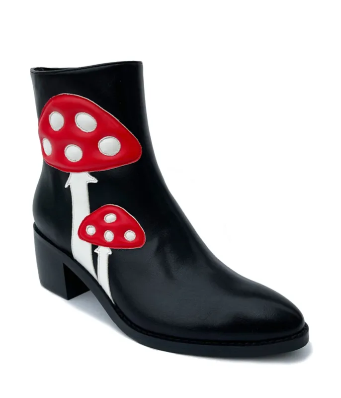 Black & Red Mushroom Leatherette Ankle Boots sold by Unique Vintage