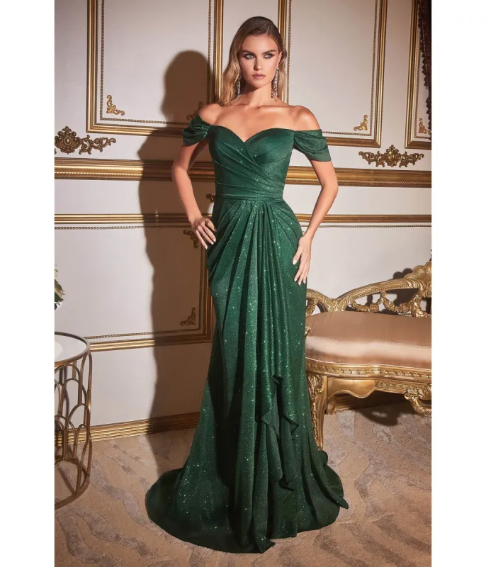Cinderella Divine  Emerald Glitter Draped Off The Shoulder Prom Dress sold by Unique Vintage