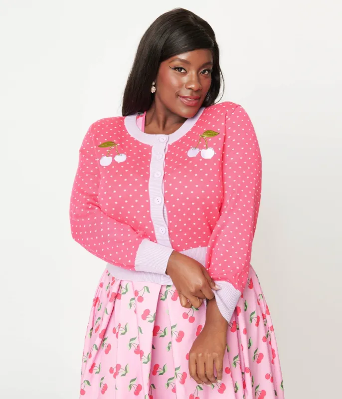 Unique Vintage Plus Size Hot Pink & Lavender Pin Dot Cherry Cropped Cardigan sold by Unique Vintage