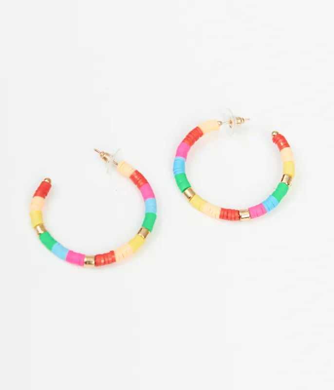1970s Rainbow Disc Beaded Hoop Earrings sold by Unique Vintage