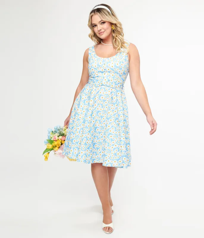 1950s Blue & Daisy Print Cotton Selda Swing Dress sold by Unique Vintage