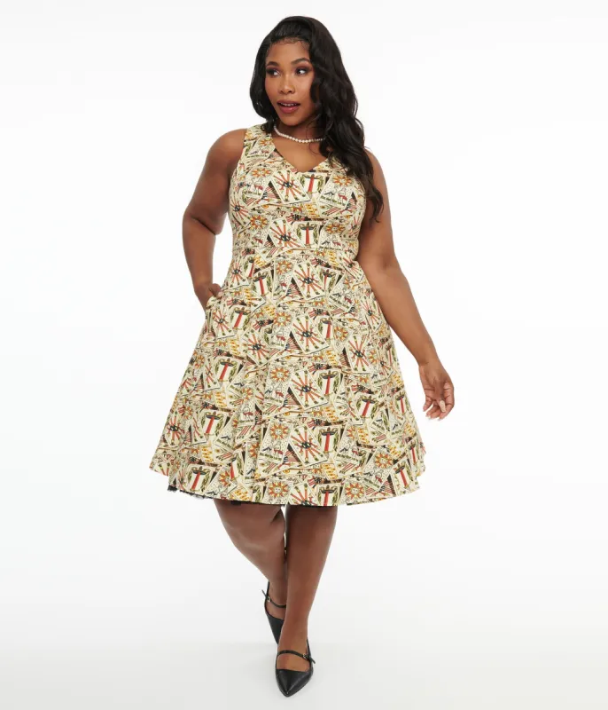 Plus Size Ivory & Tarot Card Print Cotton Swing Dress sold by Unique Vintage