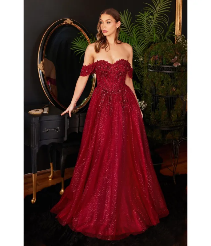 Cinderella Divine  Burgundy Glitter Lace & Tulle Embellished Off The Shoulder Prom Gown sold by Unique Vintage